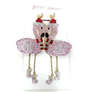 Betsey Johnson Pink Flamingo Santa Hat Earrings Holiday Dangle Glitter Whimsical
